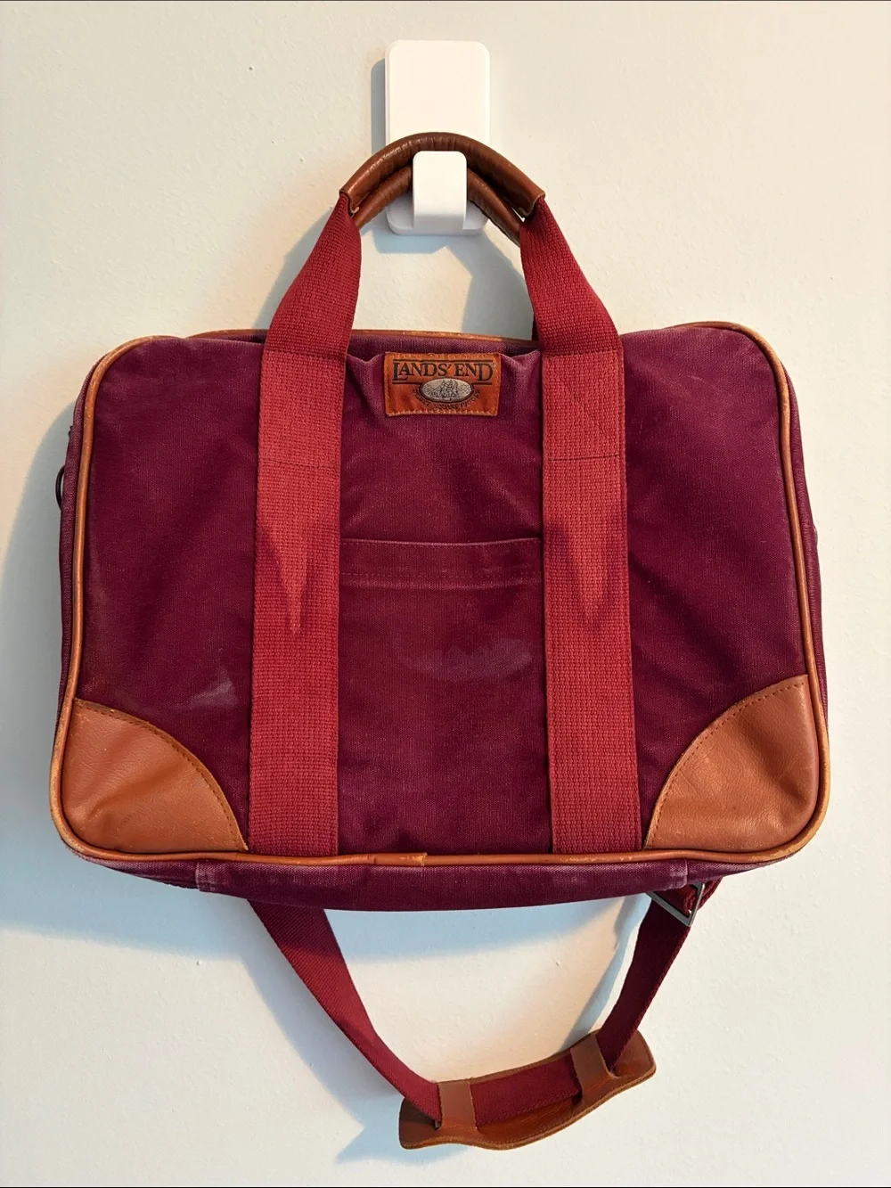 Vintage Lands' End Burgundy Canvas Laptop Brief with Brown Leather Trim